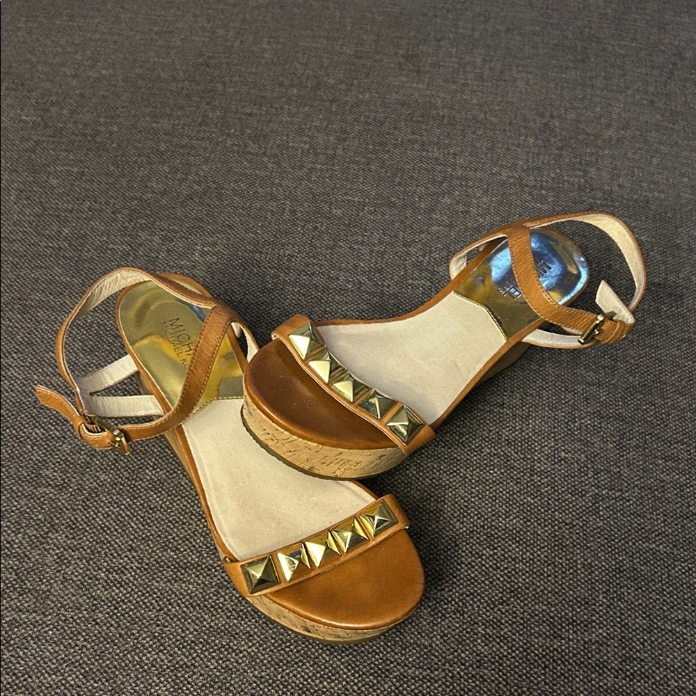 MICHAEL Michael Kors Persia Cork Platform Sandals Brown Leather Gold Studs